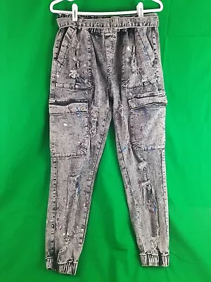 Kreamy Blue Jean Women Size XL Side Pockets W Drawstring Distressed Paint Spray • £20.24