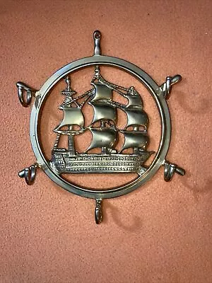 Vintage Brass Ship Wheel With Ship In Center With Hooks To Hang Keys Etc. • $39.99