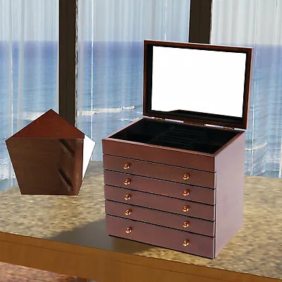 6 Layers Wooden Jewelry Storage Box With Mirror And 5 Drawers For Women Girls • $45.60