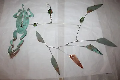 Copper Metal Art Hanging Mobile Kinetic Sculpture Frog Leaves Glass Marbles • $95