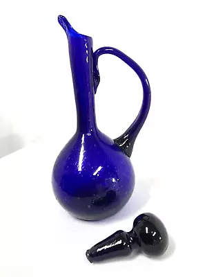 Hand Blown Cobalt Blue Glass Oil & Vinegar Cruet Decanter Bottle W/ Stopper • $24.95