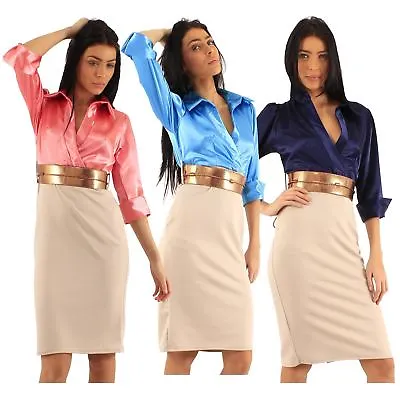 Ladies Two Tone Trendy Rope Tie Belted 2 In 1 Midi Dress Color Wrap Shirt Dress • $34.10