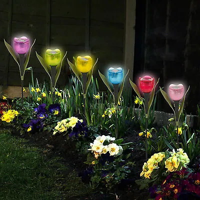 6 Garden Tulip Flower Shape LED Solar Powered Lights Outdoor Yard Standing Decor • £9.99