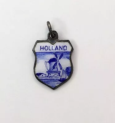 Vintage 835 Silver Enamel Holland Travel Shield Charm Blue White Windmill & Boat • $18