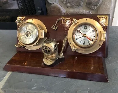 Ships Time  Brass Clock & Barometer With Wood Stand And Pen Holder (all Works)! • $99