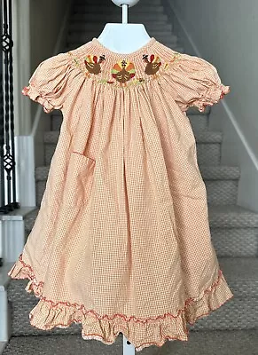 Vive La Fete Toddler Girl Orange Fall Turkey Smocked Bishop Dress Size 18 Months • $22