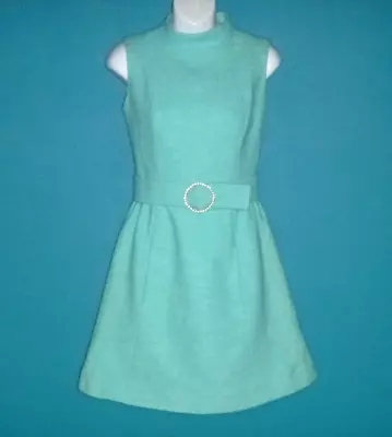 Vtg 60s Miss Couture Linen Like Aqua Mini Dress Rhinestone Buckle Sz S • $42