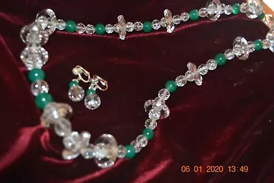 Vintage 26  Long Crystal & Emerald Green Beads W/earrings • $48.75