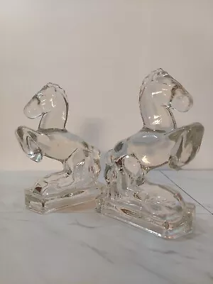 2 Vintage Rearing Horse Clear Glass Bookends L.E. Smith Beaded Mane Viking MCM • $48.95