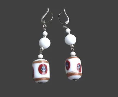 Vtg Vintage White Milk Glass & Millefiori Bead Earrings Long Drop Dangle ~ 3  • $34.29