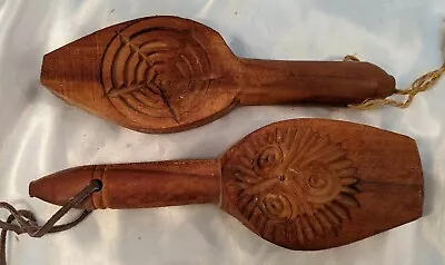2 Vintage Wood Paddle Carved Maple Sugar Butter Mold Press Handled Primitive • $50.90