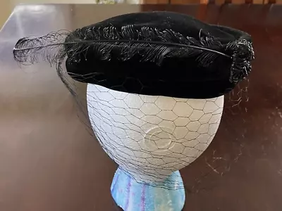 Vintage Pillbox Chanda Black Velvet Hat W Artificial Feather 50s 60s • $8
