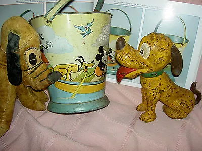 RARE Antique 1930s Sand Pail Mickey Mouse Pluto+ Disney Enterprises Ohio Art  • $529