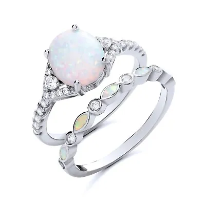 925 Sterling Silver Opal CZ Solitaire & Eternity Ring Bridal Set Size J - S • £19.95