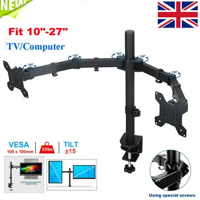 Double Twin Arm Desk Mount Bracket LCD Computer Monitor Stand 10”-27” Screen TV • £19.95
