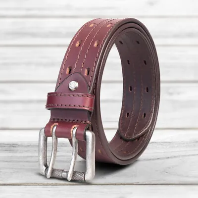 100% Mens FullGrain Leather Double Prong Belt Belts Vintage Roller Buckle Jeans • $19.95