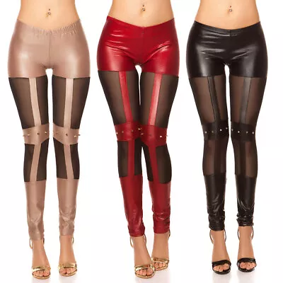 Leggings Leather Look Mesh Panels & Studs KouCla - Black Red & Cappuccino • £19.95