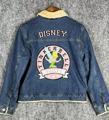 Disney Tinker Bell Sherpa Jean Jacket Women Med Denim Coat Fur Lined Embroidered • $40