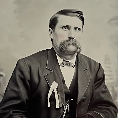 Antique Tintype Photograph Mature Charming Man Big Impressive Mustache Ribbon • $24.95