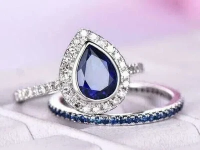 2.20Ct Pear Cut Lab-Created Blue Sapphire Engagement Ring 14K White Gold Plated • $231.86