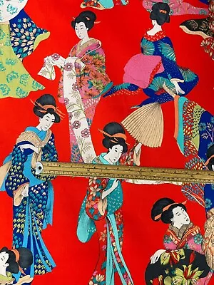 Red Geisha Printed Cotton Fabric By Meter Japanese Lady Kimono Pink Blue Floral  • £24.99