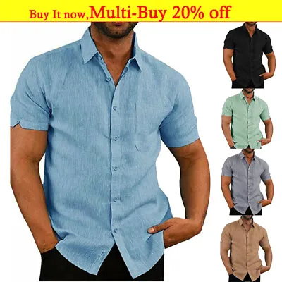 Mens Short Sleeve Linen Shirts Summer Casual Loose Solid Shirt Blouse Tops • £9.55