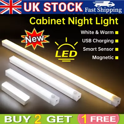 USB LED Motion Sensor Under Cabinet Closet Light Rechargeable Kitchen Strip Lamp • £5.99