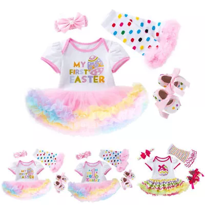 Baby Girls 4Pcs Set MY First Easter Dress Outfit Tutu Skirt Romper Shoes Socksξ • £12.70