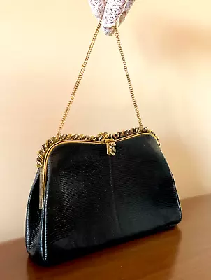 GORGEOUS HI QUALITY VNTG 1950 Purse BLK EXOTIC LIZARD LEATHER Handbag Gold Chain • $250