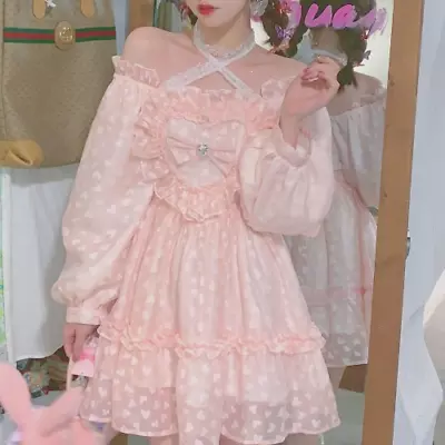  Pink Sweet Lolita Dress Women Japanese Kawaii Fairy Party MiniDress Lace Halter • £34.74