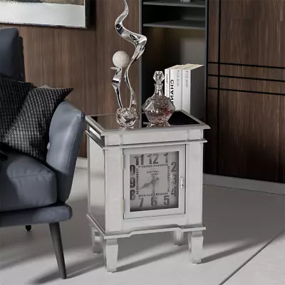 Silver Mirrored Side Table Luxury Storage Cabinet With Clock Living Room Display • $125.91