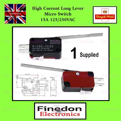 High Current Long Lever Micro Switch V-153-1C25 15A 125/250VAC UK Seller • £2.34