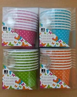 Pack Of 8 Ice Cream Tubs With Spoons Green Blue Orange Pink Colours • £6.49