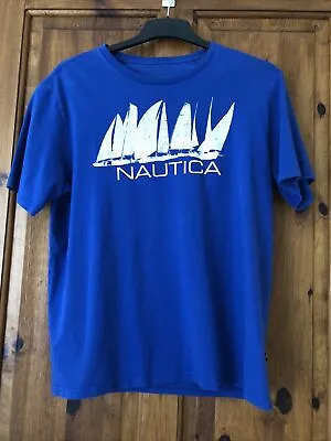 NAUTICA Blue Top Regular Short Sleeve T-Shirt Sailing Ship Graphic Medium • £4.92