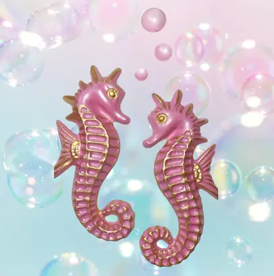 LARGE 12  Chalkware SEAHORSE PAIR + Bubbles - Pink Gold Retro Bathroom Decor • $80