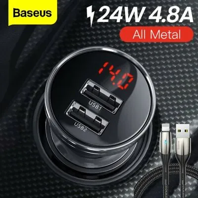 Baseus LED 24W Car Quick Charger Fast Charging Dual USB Socket Adapter+Cable Kit • £5.99