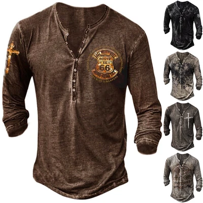 Mens Long Sleeve Henley Shirt Casual Baggy Vintage Pullover V Neck T Shirt Tops • £14.99