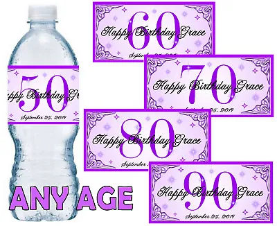 Purple 50th 60th 70th 80th Birthday Party Favors Water Bottle Labels • $8.99