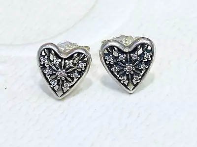 Authentic Pandora Earring Studs CZ Hearts Of Winter 296368 As New • $49