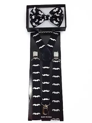Bow Tie & Suspender High Quality Adjustable Combo Set Black W/White Mustache • $6.95