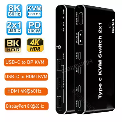 Type C USB-C To KVM Switch 2X1 HDMI 2.0 Or Displayport 1.4 KVM Switcher PD 100W • $80.25