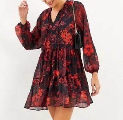 H&M Red Black Flower Floral Chiffon Floaty Boho Dress Size Medium  • £5.49