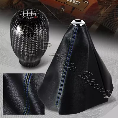 JDM PVC Leather Blue Stitch Manual Shift Boot + T-R 6-Speed Carbon Shifter Knob • $25.99