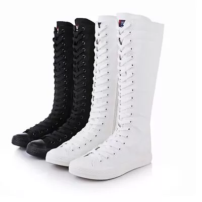 Womens Girl Punk Shoes Sneaker Zip Lace Up Canvas Gothic Boots Knee High Sport • £23.99