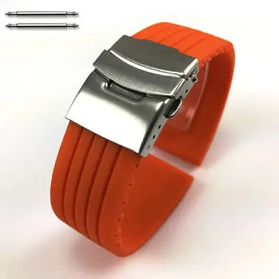 Orange Rubber Silicone Replacement Watch Band Strap Double Locking Steel Buckle • $11.95