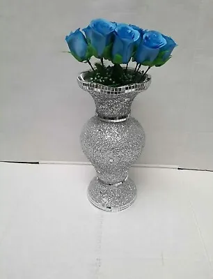 £16.99 • Buy 30Cm Sparkle Diamond Crushed Crystal Sparkly Silver  Flowers Vase 