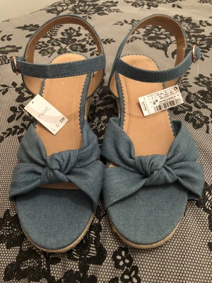 £22 • Buy Next Ladies Blue Denim Canvas Wedge Sandals, Size 7 Wide Fit