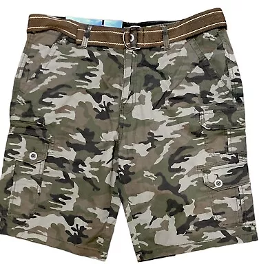 Mens Size 36 Belted Green Camo Cargo Shorts Iron Co Twill Flex Waist Stretch New • $13.89