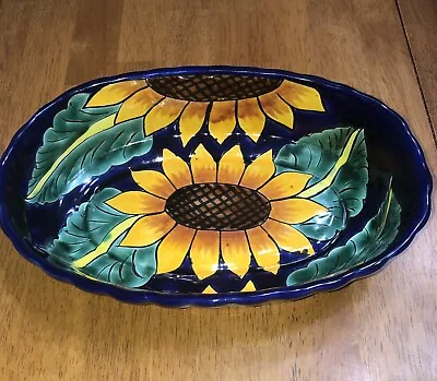 Talavera Mexican Art Pottery Sun Flower Oval Serving Bowl Dish Wavy Edge 11” • $24.99