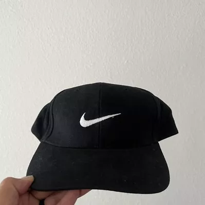 Vintage Nike Hat Mens One Size Adjustable Black Cap Snap Back 90s Swoosh • $9.99